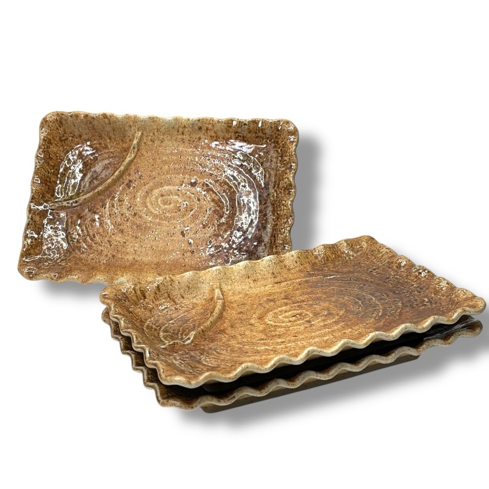 Japanese Set of 3 Vintage Tan Rectangular Scalloped Edge Sushi Plates Stamped 8"
